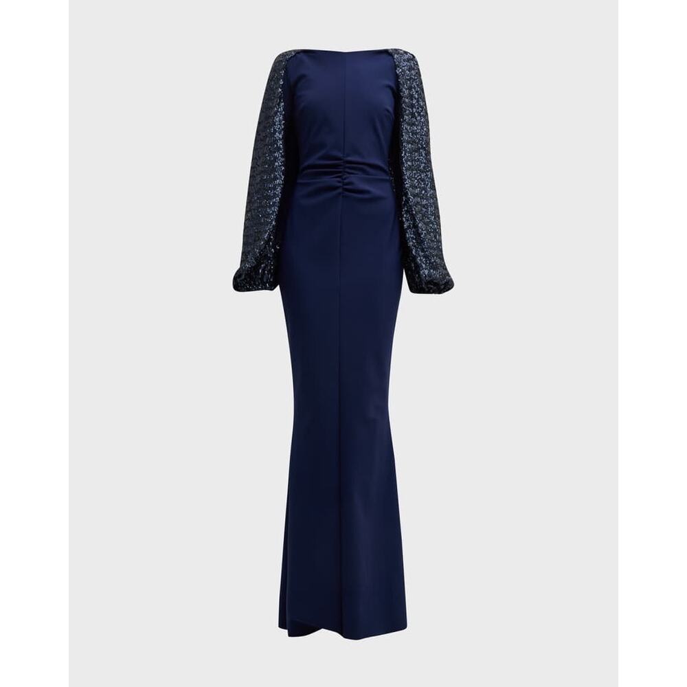 Chiara Boni La Petite Robe navy Blue Ruched Sequin-Sleeve Mermaid Gown SZ IT 42